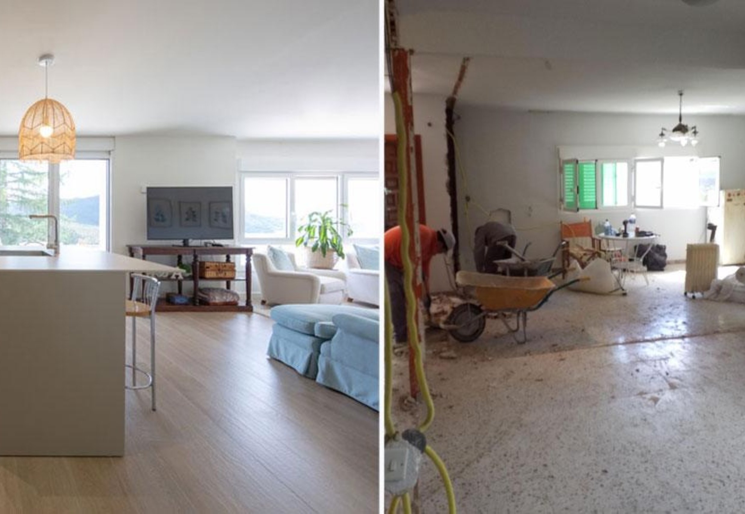 Before-and-after comparison showing the progress of a house renovation in Maspalomas, highlighting the evolution of the work toward a modern and fully renovated space.